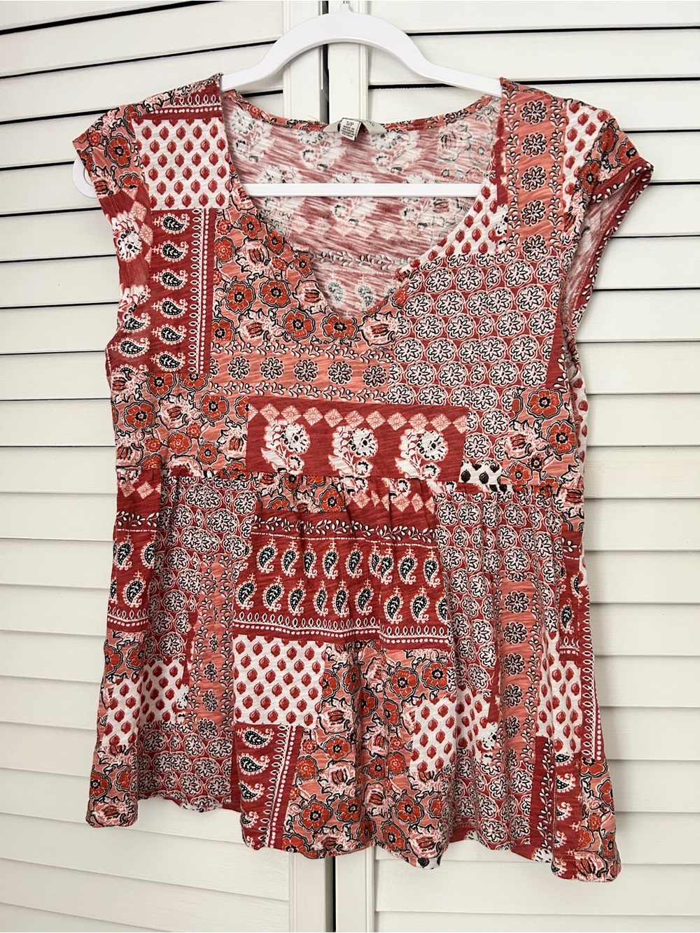 Lucky Brand Patchwork V-Neck Peplum Top